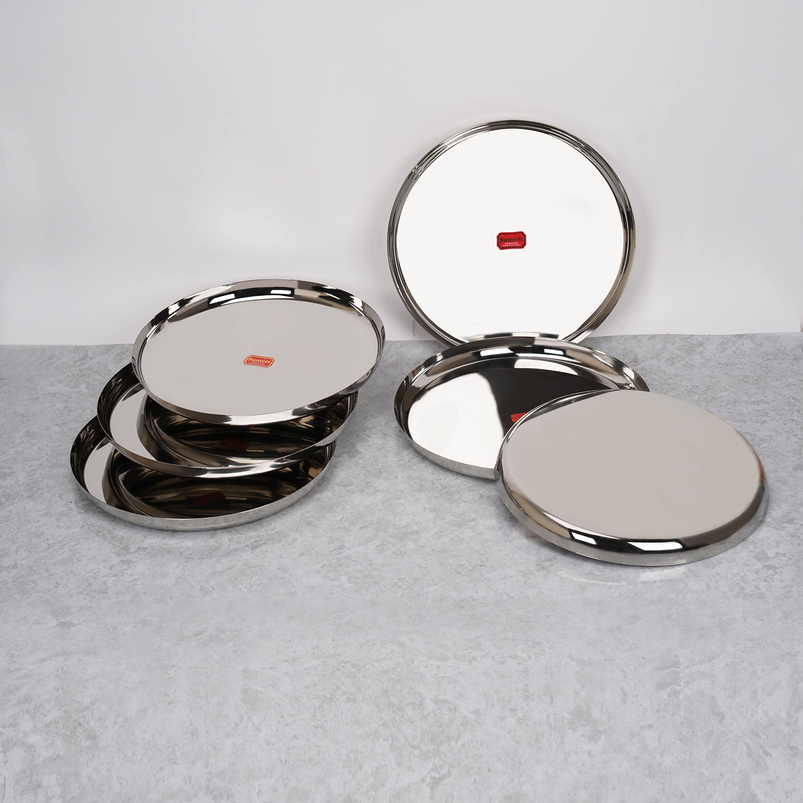 Sumeet Stainless-Steel Apple Shape Heavy Gauge Dinner Plates with Mirror Finish-34.6cm Dia, Set of 4pc, Silver